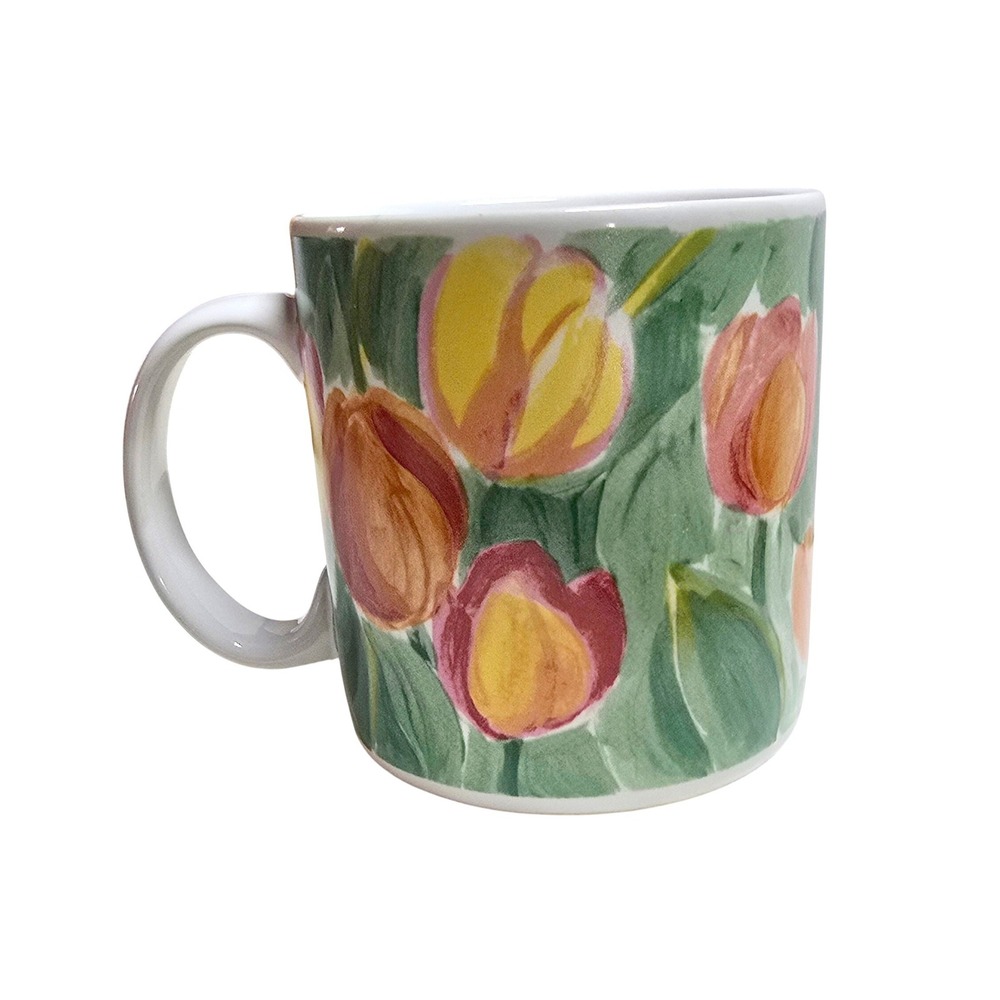 Vintage Sakura Tulips Mug Sue Zipkin 1995 Floral Coffee Cup Green Red Yellow